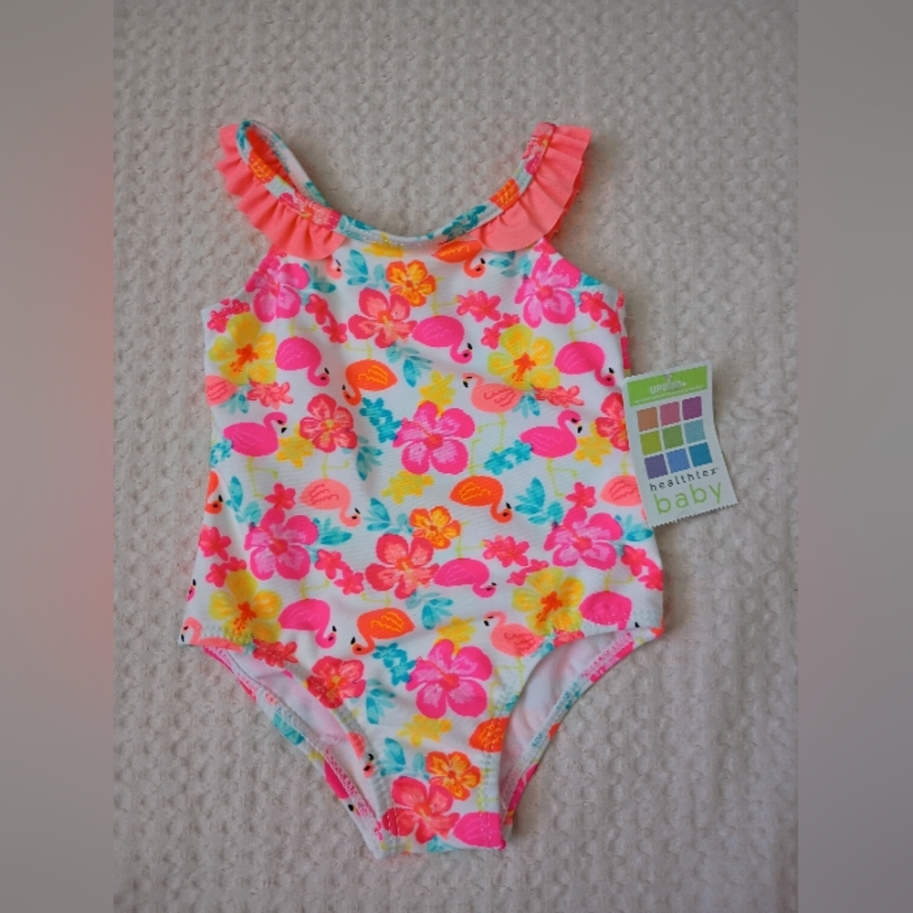 healthtex Pink Floral Flamingo Ruffle-Trim Girls' One-Piece Swimsuit